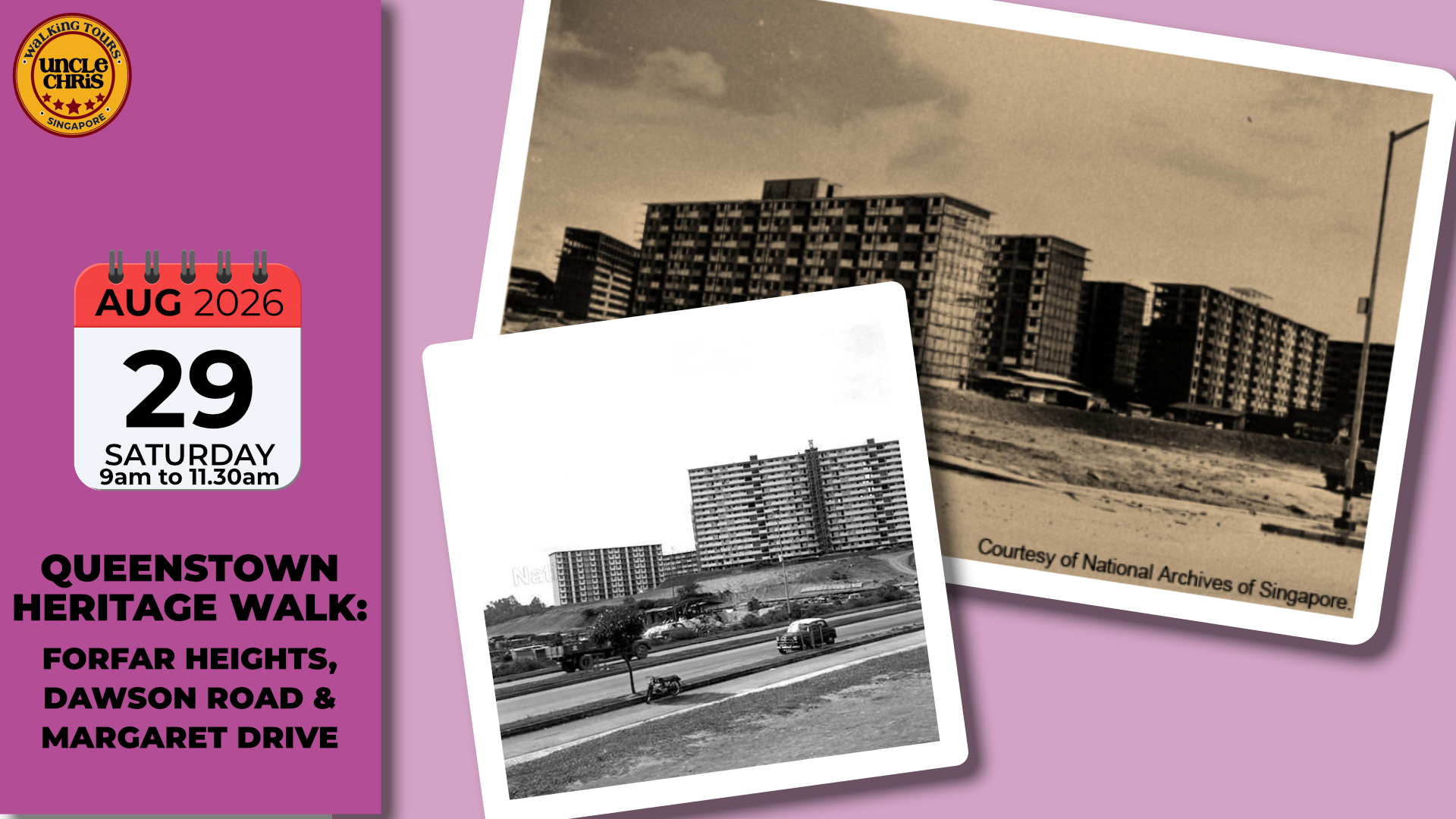 QUEENSTOWN HERITAGE WALK: FORFAR HEIGHTS, DAWSON ROAD & MARGARET DRIVE Sat, 29th Aug 2026 9am to 11.30pm